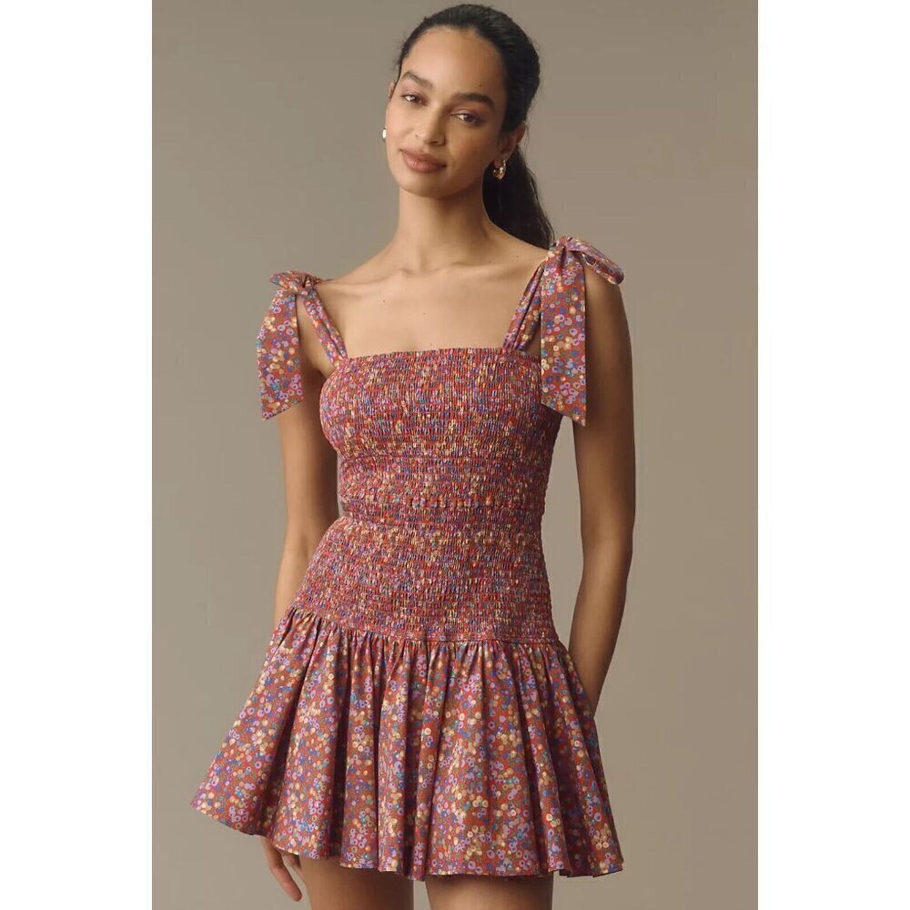 NWT Anthropologie Atsu Tie-Shoulder Smocked Mini Dress L Floral Red $198 Sundres